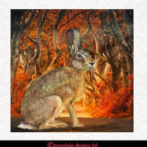 Hase im Wald, Ölgemälde Druck... Stoff Handwerk Panels 100 % Baumwolle oder Polyester