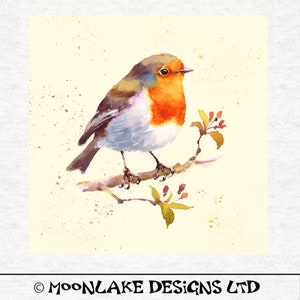 May include: A watercolor painting of a robin perched on a branch with red berries. The bird has a bright orange breast and a brown back. The background is a light yellow with a subtle watercolor texture.
