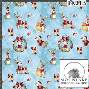 Christmas Rabbits with holiday items 100% Quality Cotton Poplin Fabric *Exclusive* Size: 111.39cm wide (44 inches)