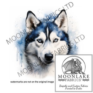 May include: Watercolor painting of a blue-eyed husky dog with a white and blue coat. The dog is looking directly at the viewer. The background is a light blue watercolor wash with white splatters.