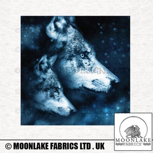 May include: Two wolves, one in front of the other, are depicted in a blue and white abstract style against a dark blue background with white dots. The wolves' eyes are a lighter blue than the rest of their bodies. The image is a digital illustration.