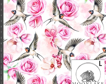 Tela con estampado de pájaros, golondrinas y rosas, 100 % algodón, popelina de 130 g/m²