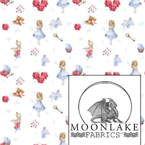 Alice In Wonderland Rose Hat Rabbit and Elements on White Repeat Fabric 100% Cotton 130gsm Poplin