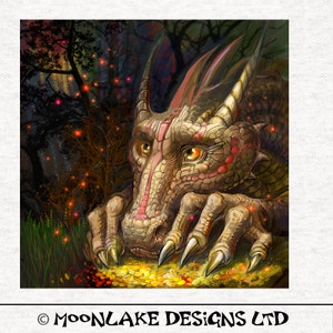 Dragon And His Treasure, Fantasy Illustration on Fabric.  Fabric Craft Panels in 100% Cotton or Polyester