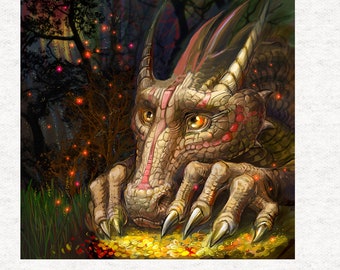 Dragon And His Treasure, Fantasy Illustration on Fabric.  Fabric Craft Panels in 100% Cotton or Polyester
