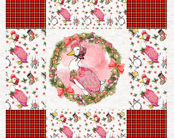 May include: A white background with a red and black plaid pattern in the corners. The center of the image features a watercolor illustration of a pink goose wearing a bonnet and standing in a wreath of greenery, candy canes, and red bows. The goose is surrounded by a white background with a repeating pattern of a pink goose wearing a bonnet, holly, ornaments, and a snowman.