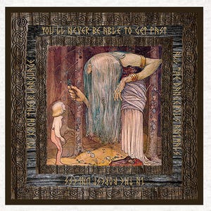 May include: A vintage illustration of a woman with long white hair and a long white dress standing in a forest. She is holding out her hand to a small child with short blonde hair. The text on the image reads "You'll never be able to get past..." and "...until you know the true language".