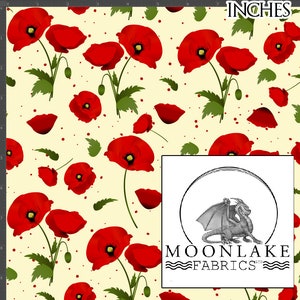 Poppy on creamy yellow, Fabric 100% Cotton 130gsm Poplin - Size: 111.39cm wide (44 inches)