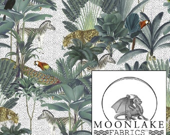 Tropical Jungle On White Background Fabric 100% Cotton 130gsm Poplin