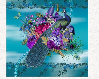 Peacockand flowers With blue background |Fabric Craft Panels 100% Cotton or Polyester