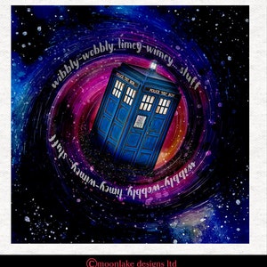 Police Box (Tardis) wibbly wobbly, timey wimey stuff, Fantasy Fan Art. Fabric Panel | Upholstery | Sewing | Craft | Printed Fabric Panels