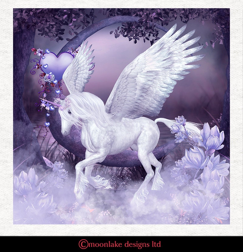 ユニコーン。翼のあるユニコーンのファンタジーアート生地。パープル
