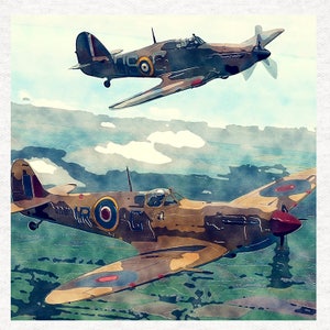 Hurricane Plane & Spitfire. Watercolour Grunge. Fabric Craft Panels 100% Cotton or Polyester