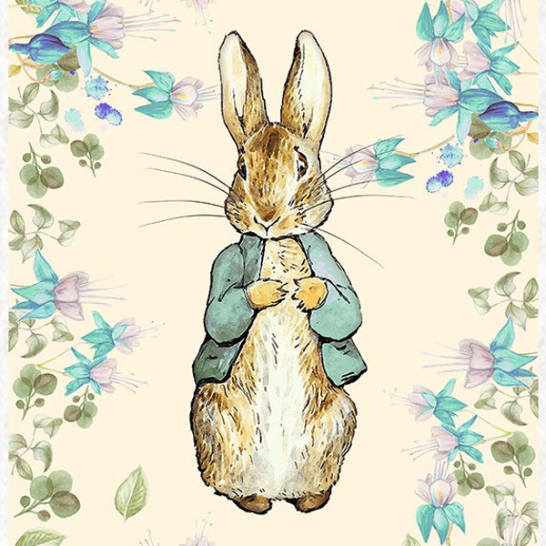 Peter Rabbit, Green Blend On Creamy Background Fabric Craft Panels in 100% Cotton or Polyester, 40cmx60cm