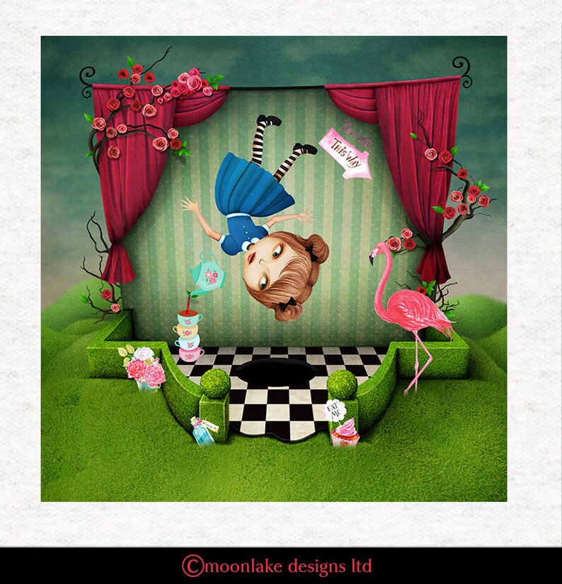 May include: A whimsical illustration of a girl falling headfirst through a hole in a checkered floor. She is wearing a blue dress and has brown hair. A pink flamingo stands on the edge of the hole, and a sign reads "This Way".