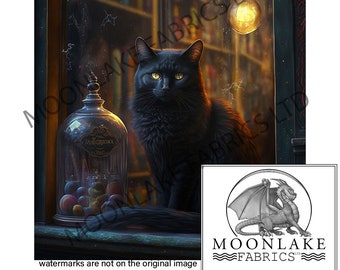 Puede incluir: Ilustración digital de un gato negro con ojos amarillos sentado en un alféizar. Un tarro de cristal con objetos coloridos está a la izquierda. Una luz cálida ilumina la escena, con una estantería al fondo. La imagen incluye el texto "MOONLAKE FABRICS LTD".
