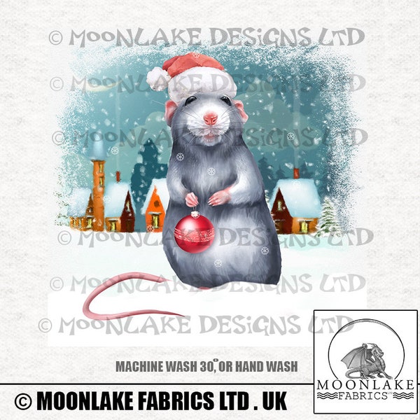 Christmas Rat In A Santa Hat Fabric Craft Panels 100% Cotton or Polyester