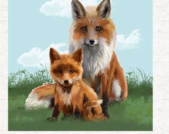 Fox and cub, digitally painted . Fabric Craft Panels 100% Cotton or Polyester