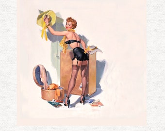 Vintage Pin-Up-Girl, Hat box,   Fabric Panel | | Sewing | Craft | Printed Fabric Panels -  100% polyester washable