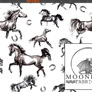 May include: White fabric with a repeating pattern of watercolor-style horses in shades of gray and black, along with horseshoes. The Moonlake Fabrics logo is in the lower right corner.