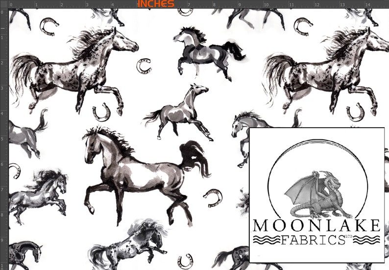 May include: White fabric with a repeating pattern of watercolor-style horses in shades of gray and black, along with horseshoes. The Moonlake Fabrics logo is in the lower right corner.