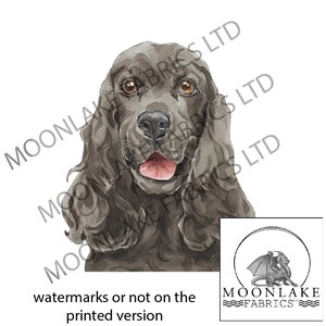 May include: A watercolour painting of a black Cocker Spaniel dog with brown eyes. The dog is looking directly at the viewer with its mouth slightly open, revealing a pink tongue. The dog's fur is detailed with soft shading and highlights.