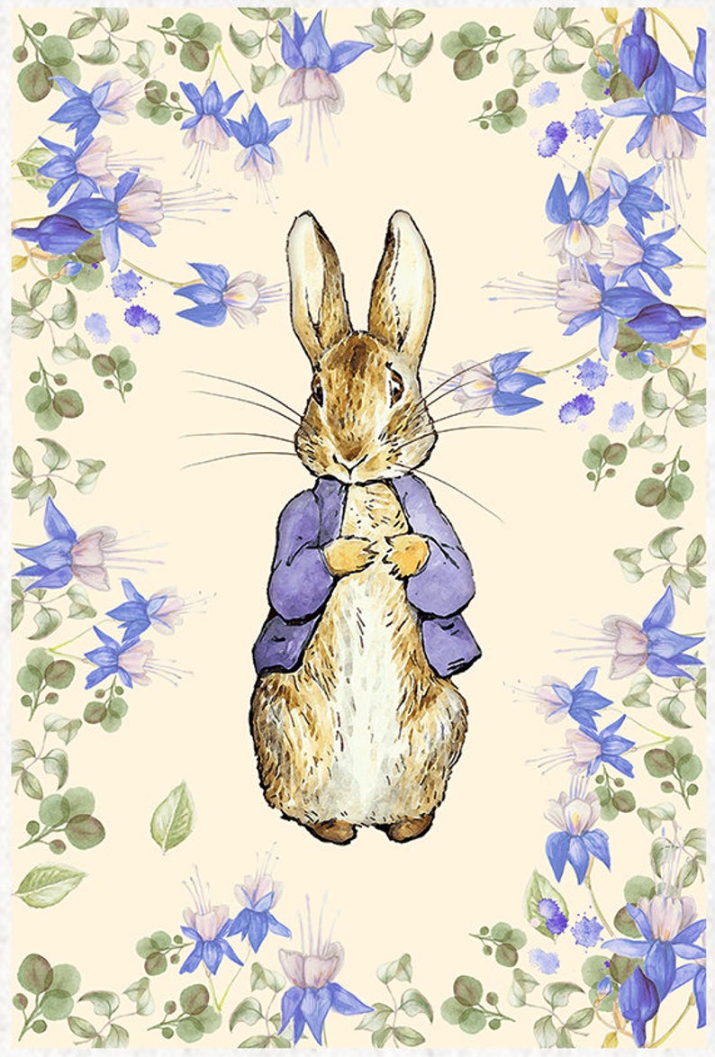 May include: A brown rabbit wearing a purple jacket stands in the center of a cream-colored background. The rabbit has long ears and a fluffy tail. The background is decorated with blue and purple flowers.
