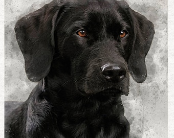 Zwart Labrador Portret, Aquarel spetters | Stoffen Craft Panelen in 100% Katoen of Polyester