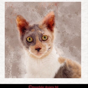 May include: A watercolor painting of a calico cat with green eyes. The cat is looking directly at the viewer with a curious expression. The background is a soft brown with white splatter paint.