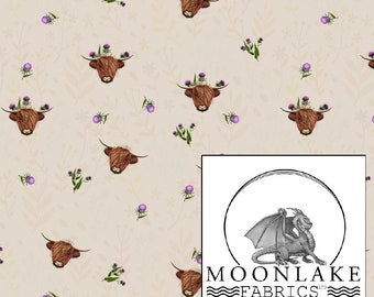 Highland Cows and thistles Fabric 100% Cotton 130gsm Poplin - Size: 111.39cm wide (44 inches)