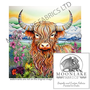 Tangled Highland Cow and Flowers 100% Natural Cotton or 290gsm thick soft Polyester Fabric Panel Squares