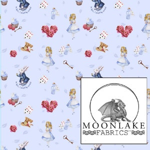 Alice&#39;s Adventures in Wonderland Repeat Fabric on a Pale Blue Background, Fabric 100% Cotton 130gsm Poplin