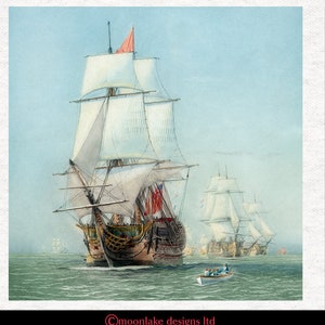 May include: A painting depicting a large sailing ship with white sails and a red flag. The ship is in the foreground of the image, with smaller ships in the background. The water is a light blue colour, and the sky is a light blue colour.