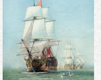 Vintage Dufex Foil Print: Old English Sailing Ship, Solid Wood