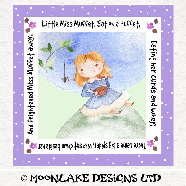 Little Miss Muffet Nursery Rhyme Fabric Craft Panels in 100% Cotton or Polyester