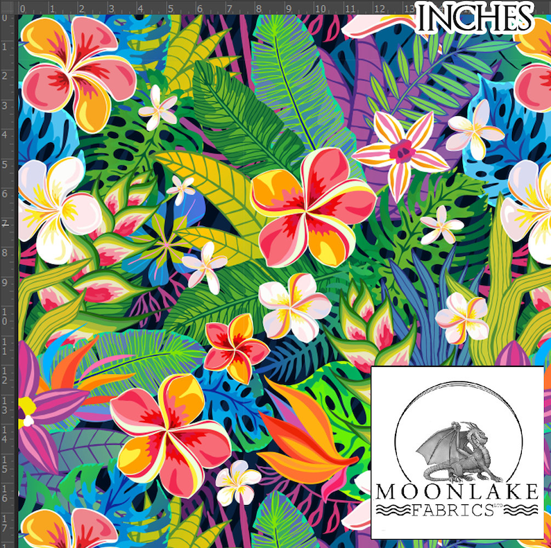 May include: A colorful tropical floral print fabric featuring pink, yellow, and white flowers with green leaves. The fabric is 13 inches wide and has a repeating pattern.