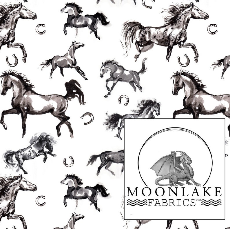 May include: White fabric with a repeating pattern of black and gray watercolor-style horses in various poses, with horseshoes scattered throughout. The Moonlake Fabrics logo is in the lower right corner.