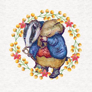 Peter Rabbit | Upholstery | Sewing | Craft | Printed Craft Panels - Brock Badger With Floral Circle | 16x16 - 21x21 inch