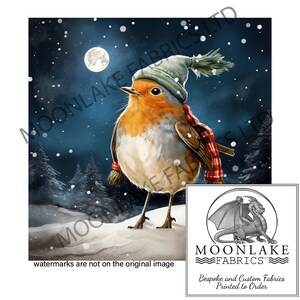 May include: A robin wearing a green and white knit hat and a red and white scarf stands on a snowy ground with a full moon in the background. The sky is dark blue with white snowflakes falling.