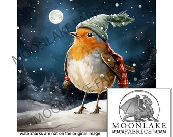 Winter Robin in a Hat 100% Natural Cotton or 290gsm thick soft Polyester Fabric Panel Squares