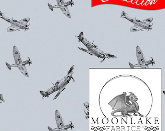 Spitfire Planes Sketch style Fabric 100% Cotton 130gsm Poplin -5 color options - Size: 111.39cm wide (44 inches)