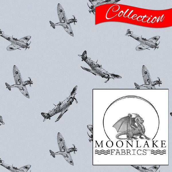 Spitfire Planes Sketch style Fabric 100% Cotton 130gsm Poplin -5 color options - Size: 111.39cm wide (44 inches)