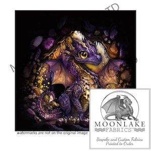 May include: A purple and gold dragon with large eyes and wings is nestled in a cave with purple and gold gems. The dragon is sitting on its hind legs with its tail curled around its body.