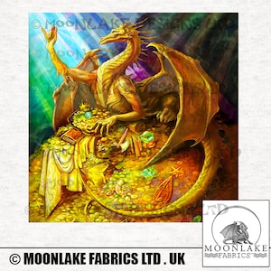 Dragon Hoard Treasure, Fantasy Illustration on Fabric.  Fabric Craft Panels in 100% Cotton or Polyester
