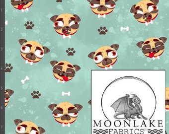 May include: A teal blue fabric with a repeating pattern of cartoon pugs with different expressions. The pugs are wearing red bow ties and have white bones and paw prints scattered around them. The fabric is labeled "MOONLAKE FABRICS" in the bottom right corner.