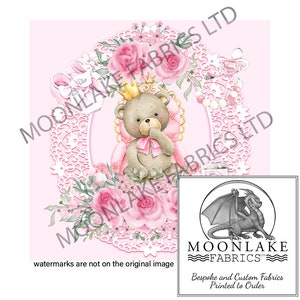 Pink Baby Bear With Crown and Roses 100% Natural Cotton or 290gsm thick soft Polyester Fabric Panel Squares