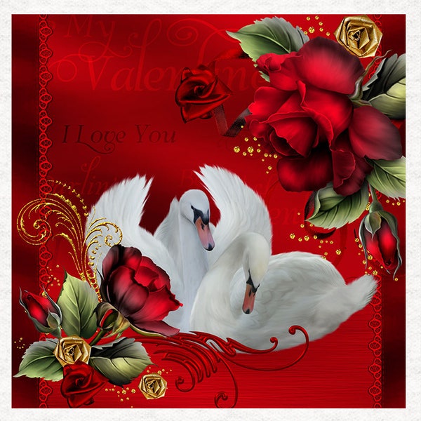 Valentine's Day Swans, Fabric Craft Panels 100% Cotton or Polyester