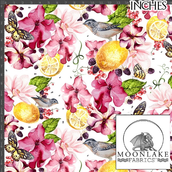 Petunia, Magnolia, Lemon and Birds 100% Quality Cotton Poplin Fabric *Exclusive*