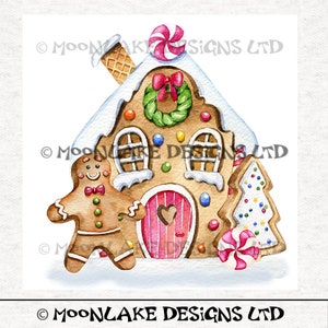 Op de afbeelding: Een peperkoekhuis met een rode deur en een hartvormig raam. Er staat een peperkoekman naast het huis en rechts een peperkoekboom. Het huis is versierd met snoepstokken, dropjes en sprinkels.