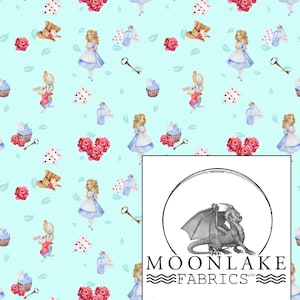 Alice In Wonderland Rose Hat Rabbit and Elements Mint Repeat Fabric 100% Cotton 130gsm Poplin
